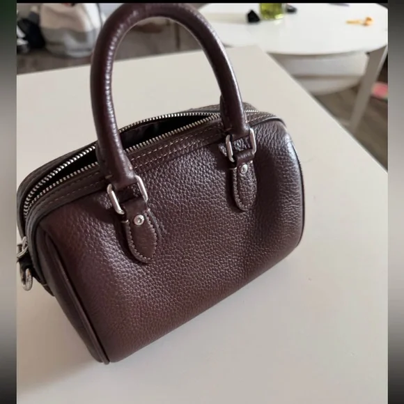 COACH Pebbled Leather Mini Satchel in Dark Brown with Yellow Charm - Picture 3 of 3